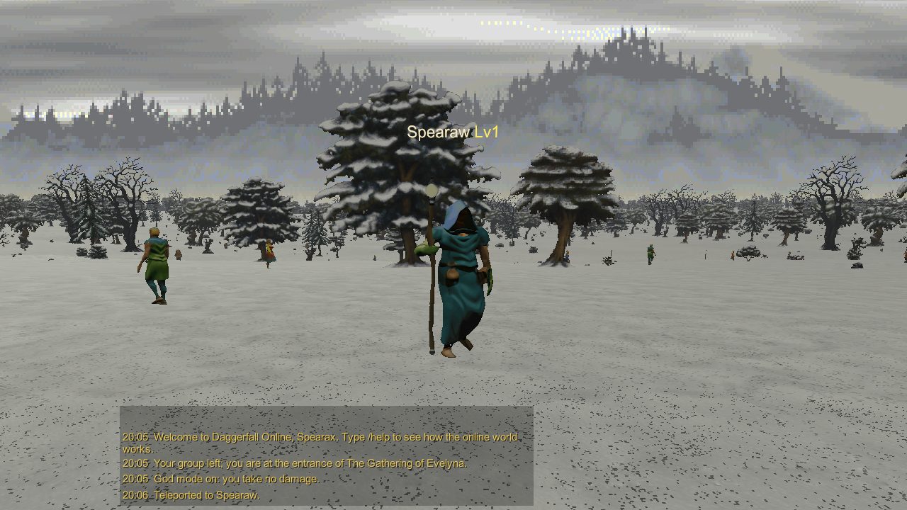 Two adventurers meet in the streets of Daggerfall.