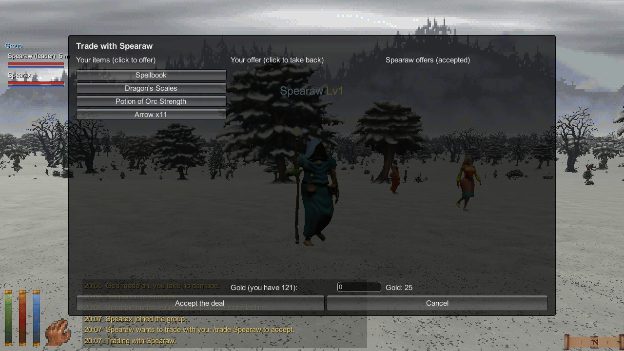 Trading with a player next to you: items, gold, houses and ships.